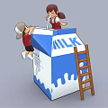 Cartoon Scene of Two Kids Playing on Giant Milk Carton with Ladder and Dripping Milk