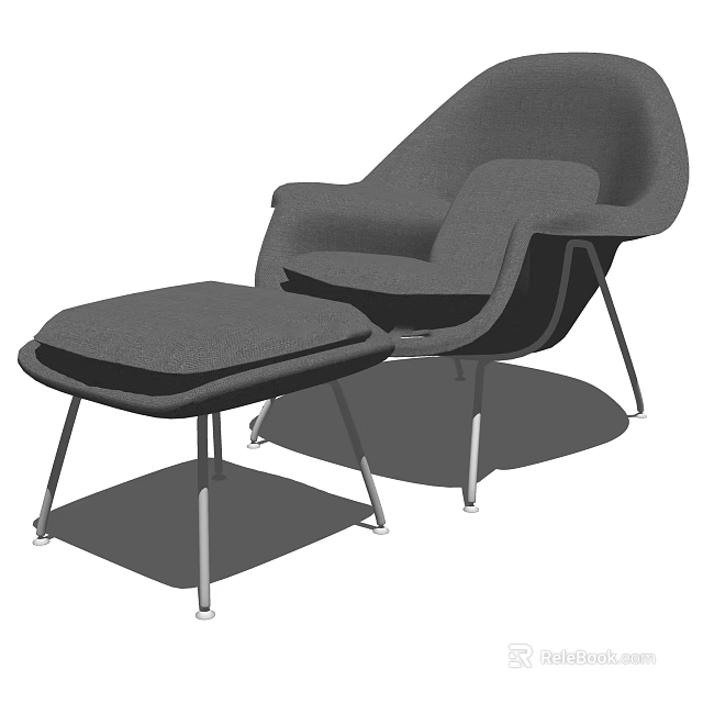Comfortable Upholstered Gray Modern Armchair With Ottoman And Metal Legs 3d model 