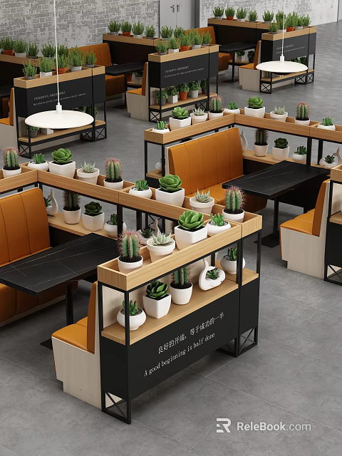 Wooden Dividers With Succulents In White Pots For Cafe With Orange Seats And Black Tables 3d model 