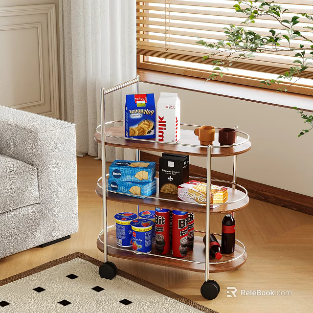 Three Tiered Rolling Side Table for Living Room Snacks and Drinks Storage 3d model 