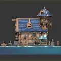Wooden Waterfront Cottage With Blue Roof Small Boat Steps And Dock Display Model