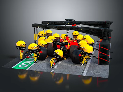 Lego F1 Car Pit Stop Scene With Yellow Crew Members Working 3d model