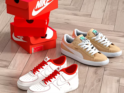 Nike And Puma Sneakers With Red Boxes On Wooden Floor 3d model