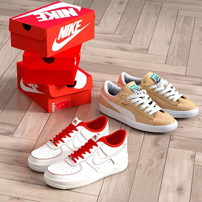Nike And Puma Sneakers With Red Boxes On Wooden Floor 3d model Nike And Puma Sneakers With Red Boxes On Wooden Floor 3d model