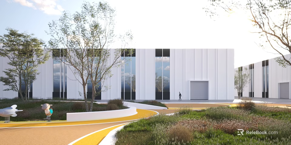 Modern Industrial Factory Building With White Exterior Large Glass Windows Landscaped Area And Curved Pathway 3d model 