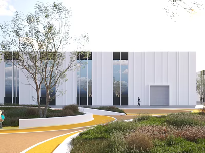 Modern Industrial Factory Building With White Exterior Large Glass Windows Landscaped Area And Curved Pathway 3d model