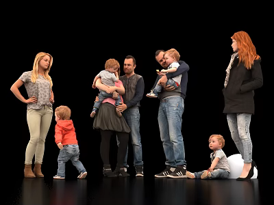 Multiple People Standing Holding and Interacting with Children in Casual Group Scene 3d model