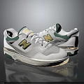 White Casual Sports Shoes With Green Yellow Accents And Brand Logo Reflection Design