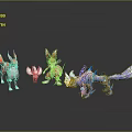 Colorful Fox And Dragon Like Fantasy Game Movie Character Models In Red White Pink Blue