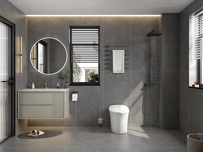 Modern Bathroom Interior With Gray Tiles Round Mirror Toilet And Shower 3d model