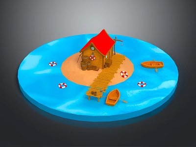 Cartoon Scene With Red Roof Cottage Sandy Beach Wooden Pier Boats Lifebuoys In Blue Water 3d model