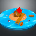 Cartoon Scene With Red Roof Cottage Sandy Beach Wooden Pier Boats Lifebuoys In Blue Water