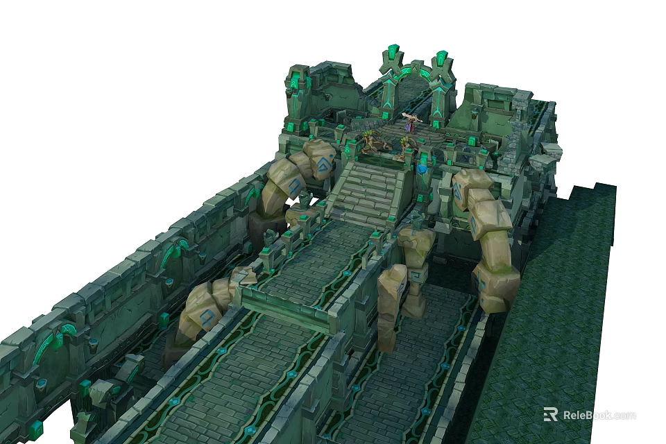 Fantasy Mechanical Structure With Green Glowing Accents And Moss Covered Stone Steps 3d model 