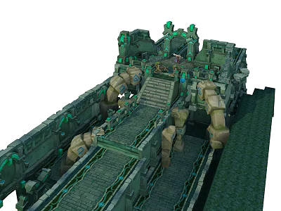 Fantasy Mechanical Structure With Green Glowing Accents And Moss Covered Stone Steps 3d model