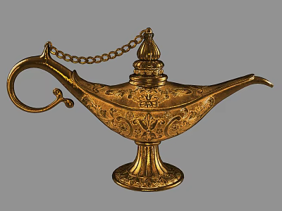 Golden Aladdin Lamp With Intricate Carvings And Decorative Chain Base 3d model