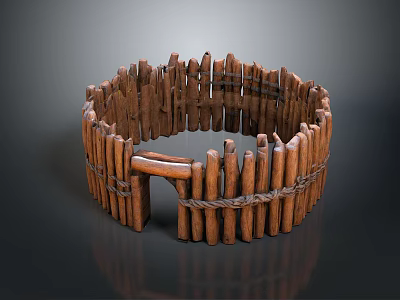 Rustic Scenic Landscape With Circular Wooden Fence Brown Logs Rope Bindings And Reflection 3d model