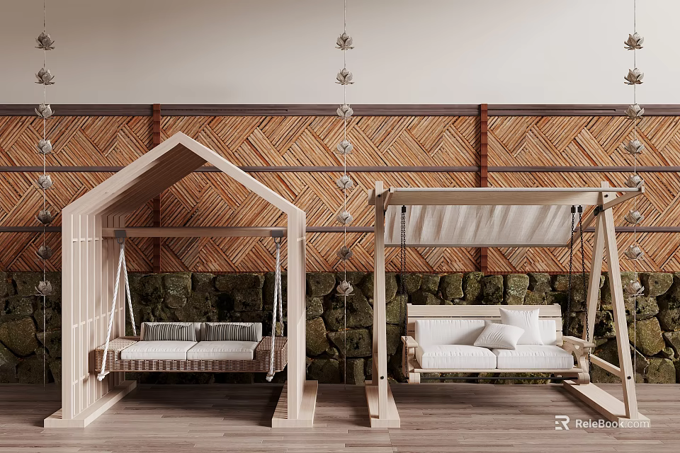 Two Wooden Hanging Swing Chairs With Comfortable Cushions And Natural Stone Wall Background 3d model 