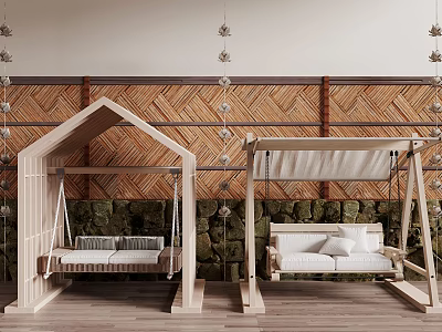 Two Wooden Hanging Swing Chairs With Comfortable Cushions And Natural Stone Wall Background 3d model