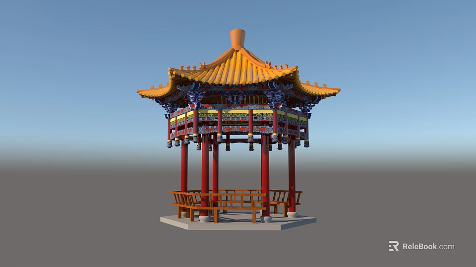 Traditional Chinese Pavilion With Yellow Roof Red Pillars And Wooden Benches 3d model 
