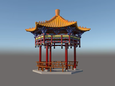Traditional Chinese Pavilion With Yellow Roof Red Pillars And Wooden Benches 3d model