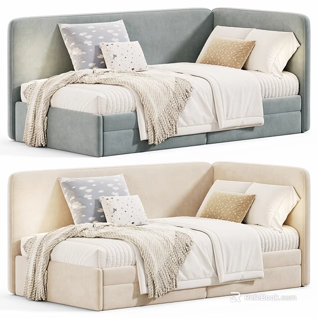 Cozy Children's Bed with Light Blue and Beige Design Soft Pillows and Knitted Blankets 3d model 