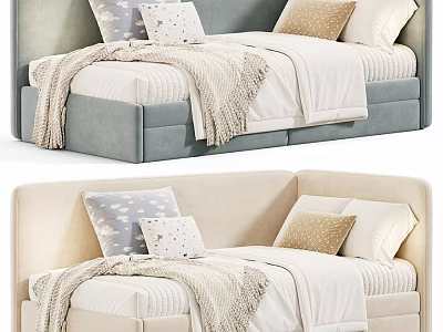 Cozy Children's Bed with Light Blue and Beige Design Soft Pillows and Knitted Blankets 3d model