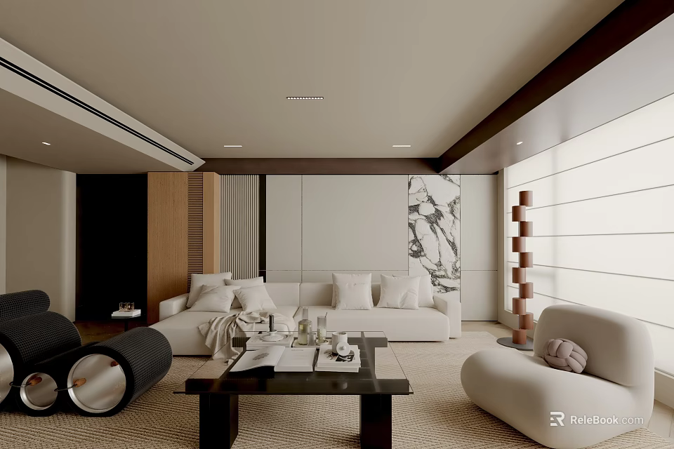 Modern Living Room Interior With White Sofa Black Coffee Table And Marble Wall 3d model 