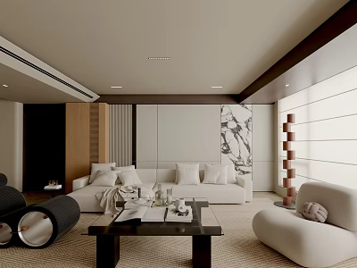 Modern Living Room Interior With White Sofa Black Coffee Table And Marble Wall 3d model