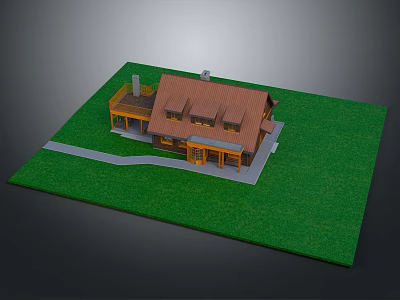 Wooden Detached Villa With Brown Roof Chimney And Pathway On Green Lawn 3d model