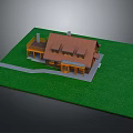 Wooden Detached Villa With Brown Roof Chimney And Pathway On Green Lawn