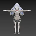 Woman With Blue Hair Pigtails Beige Coat Black Skirt Red Bow Tie Arms Outstretched