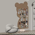 Bear Shaped Corkboard Wall Decor with Happy Life Text Photos Cards White Armchair and Bookshelf