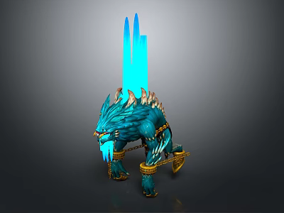 Blue Wolf Headed Game Fantasy Character With Spiked Back And Golden Accents 3d model