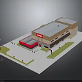Bingo Hall Building With Red And Beige Exterior Flat Roof Clock Sign Surrounding Lawn And People