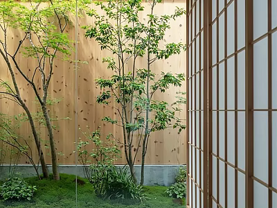 Elevator Corridor With Abundant Greenery And Wooden Structures 3d model