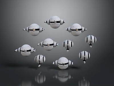 White Spherical Sculptures with Symmetric Design and Reflective Surface Floating on Dark Background 3d model