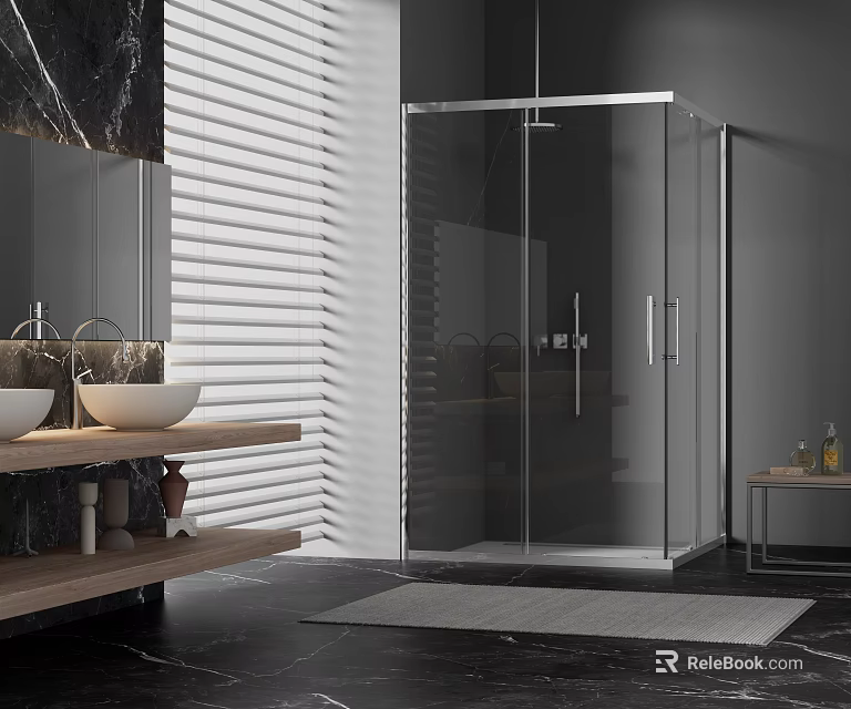 Modern Shower Sauna With Transparent Glass Enclosure Wooden Countertop And Black Marble Washbasins Blinds 3d model 
