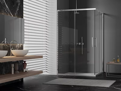 Modern Shower Sauna With Transparent Glass Enclosure Wooden Countertop And Black Marble Washbasins Blinds 3d model