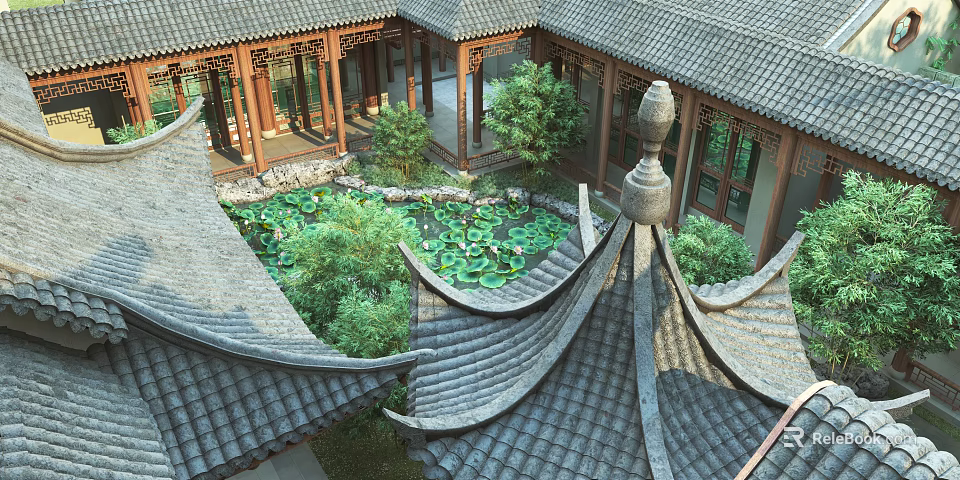Ancient Architecture Courtyard Featuring Gray Tiled Roofs Wooden Corridors Lotus Pond And Pagoda Ornament 3d model 