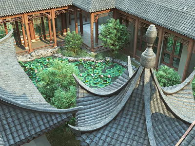 Ancient Architecture Courtyard Featuring Gray Tiled Roofs Wooden Corridors Lotus Pond And Pagoda Ornament 3d model