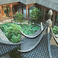 Ancient Architecture Courtyard Featuring Gray Tiled Roofs Wooden Corridors Lotus Pond And Pagoda Ornament