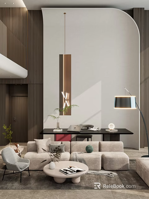 Modern Duplex Living Room Interior Design With Sofa Table Floor Lamp And Green Plant 3d model 