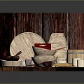 Natural Wooden Household Items With Plates Bowls Barrel Cups Rolling Pin And Bread Slices