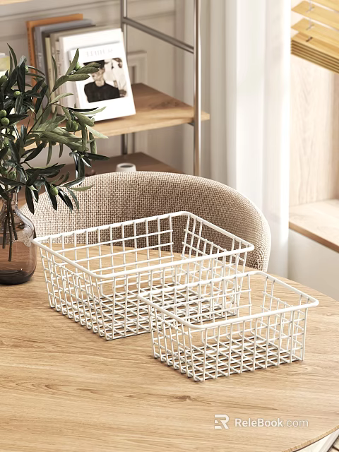 Wooden Table And Beige Fabric Chair Set With White Metal Wire Baskets And Green Plant 3d model 