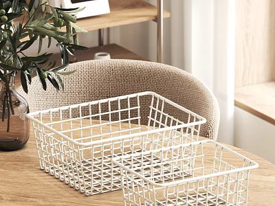 Wooden Table And Beige Fabric Chair Set With White Metal Wire Baskets And Green Plant 3d model