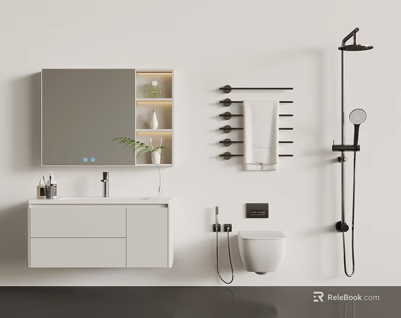 White Bathroom Cabinet With Mirror Sink Toilet And Shower Fixtures 3d model 
