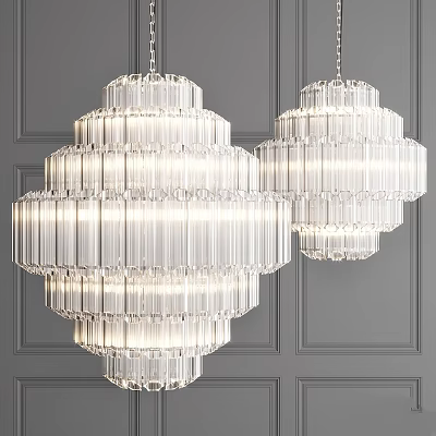 Two Elegant Modern Crystal Chandeliers With Multi Layer Design Hanging On Gray Wall 3d model