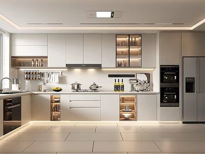 Modern Kitchen Interior With White Cabinets Built-in Appliances Island Counter And Recessed Lighting 3d model