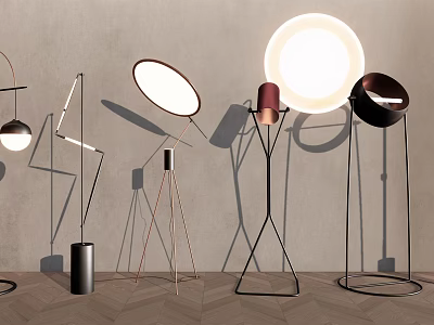 Modern Floor Lamps With Various Geometric Stands And Illuminated Shades On Minimalist Background 3d model