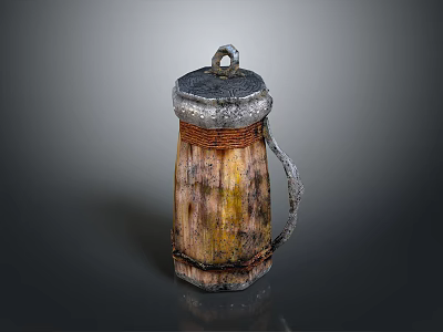 Vintage Wooden Jug With Metal Lid And Distressed Texture For Home Decoration 3d model